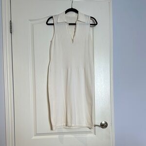 Cream Sheath Midi Dress with Polo Collar